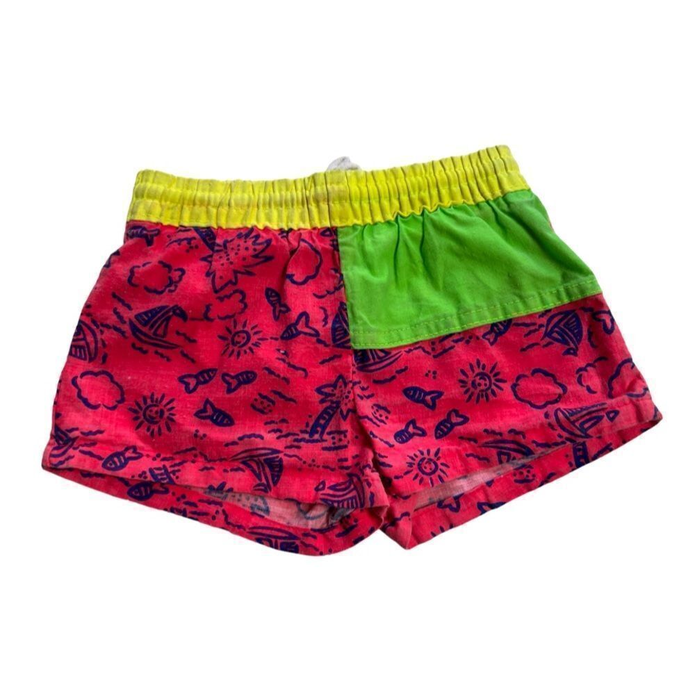 Vintage Peak 90s Boys Neon Colorblock Beach Doodles Swim Trunks